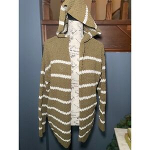 Rewind Olive Green White Striped Hooded Open Front Cardigan Sweater Large